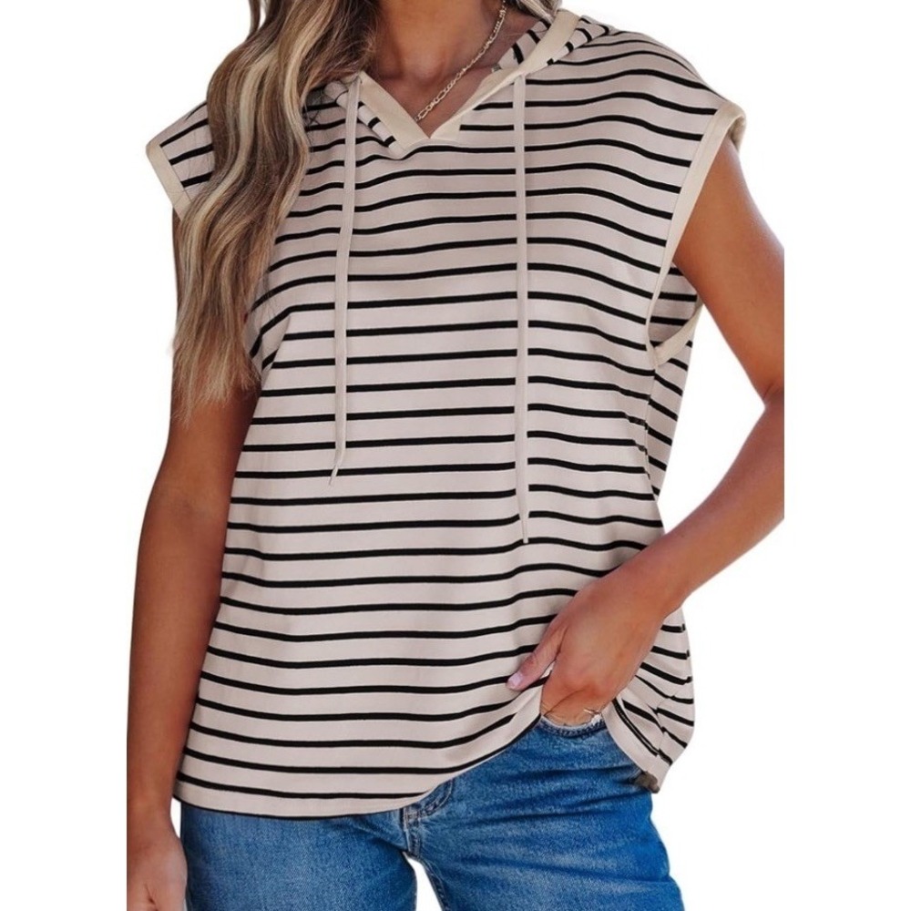 Shewin Hooded Cap Sleeve Top Women Small Gray New Striped C935